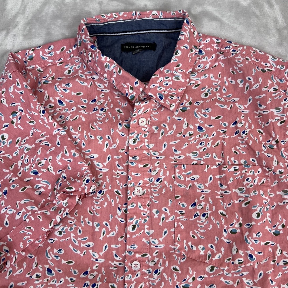 Silver Jeans Co Shirt Mens Large Peach Fish Print Button Up Cotton Casual Preppy